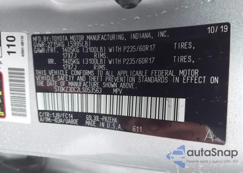 2020 Toyota Sienna Le z USA, uszkodzony, nr VIN 5TDKZ3DC2LS053563